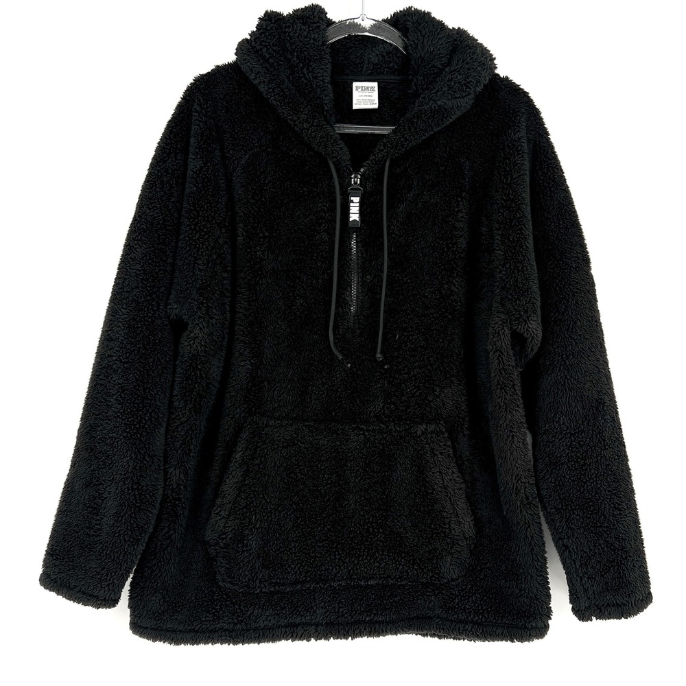 PINK Hoodie Womens L Black Sherpa Fleece Quarter Zip Pullover Loungewear Cozy